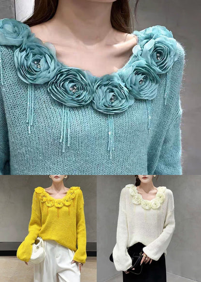 Floral Beige V Neck Nail Bead Cozy Knit Sweater