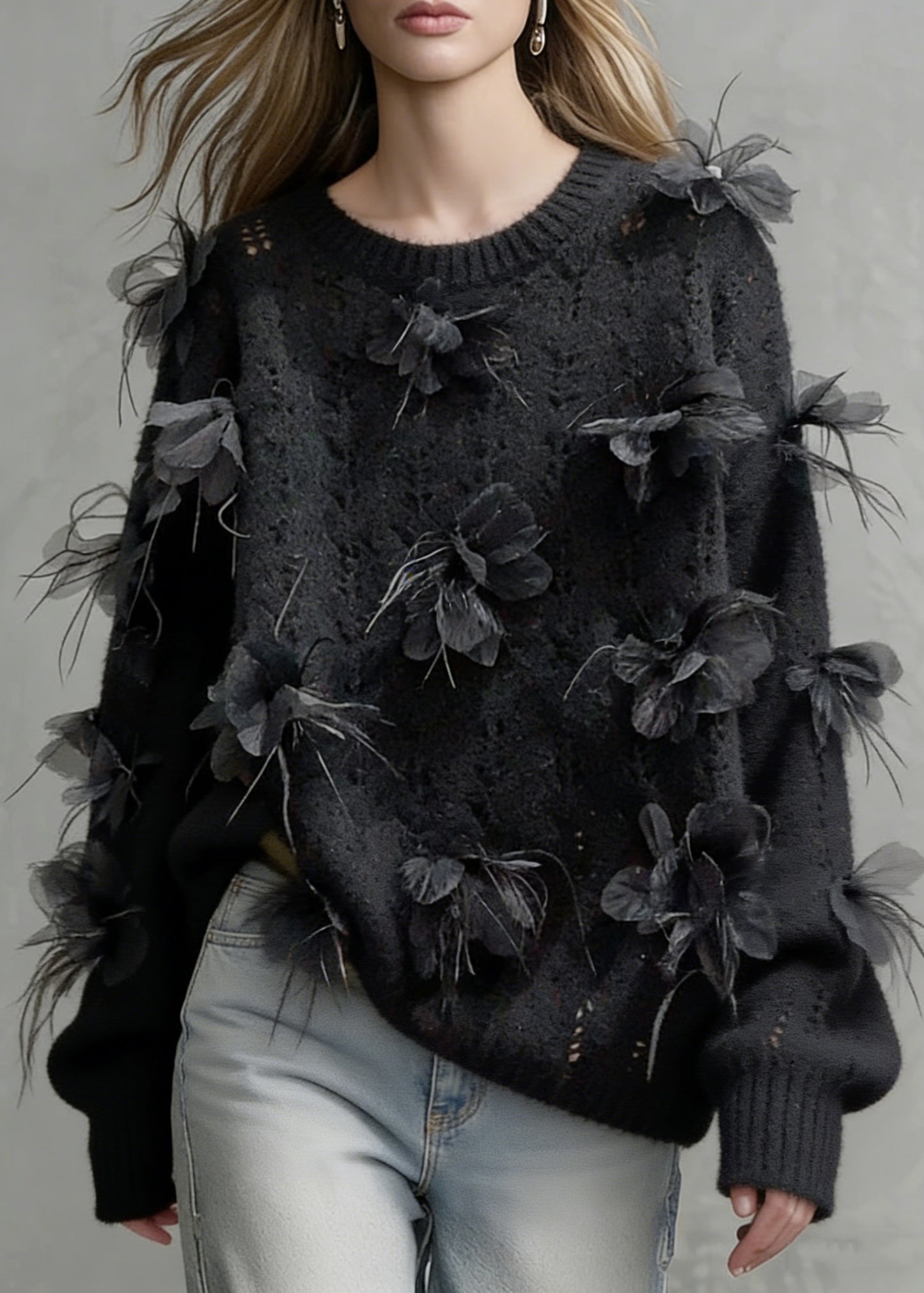 Floral Black O-Neck Hollow Out Knit Sweaters