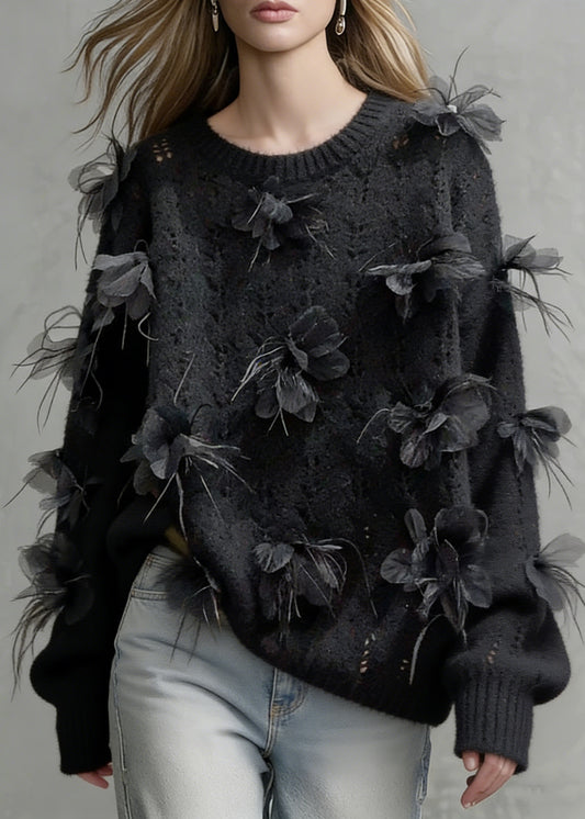 Floral Black O-Neck Hollow Out Knit Sweaters