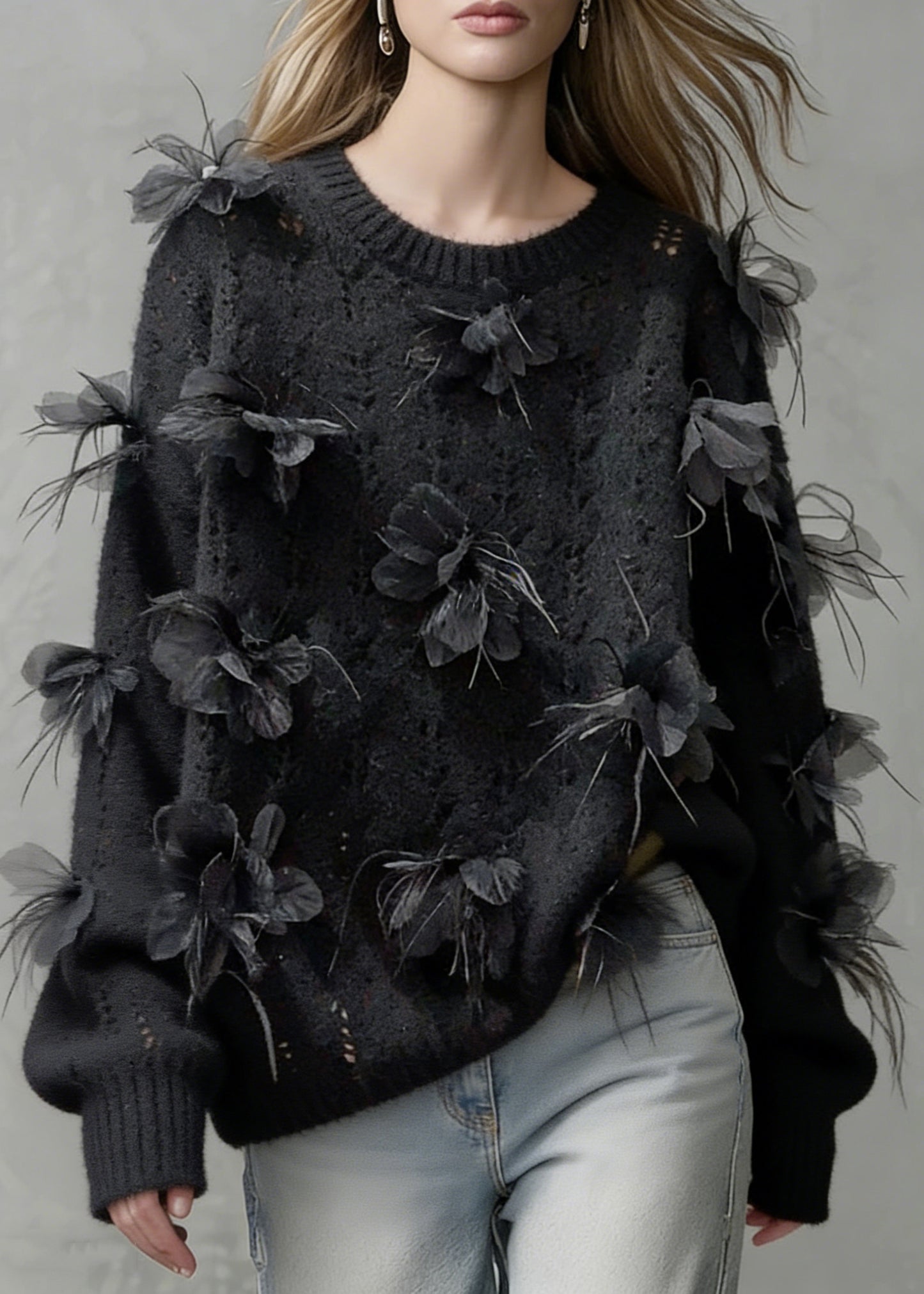 Floral Black O-Neck Hollow Out Knit Sweaters