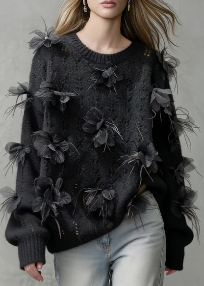 Floral Black O-Neck Hollow Out Knit Sweaters