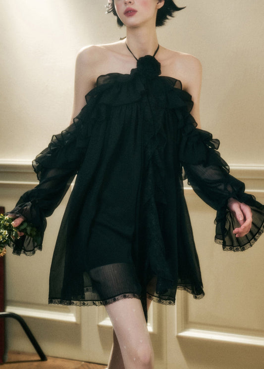 Floral Black Ruffled Chiffon Mini Dresses Butterfly Sleeve