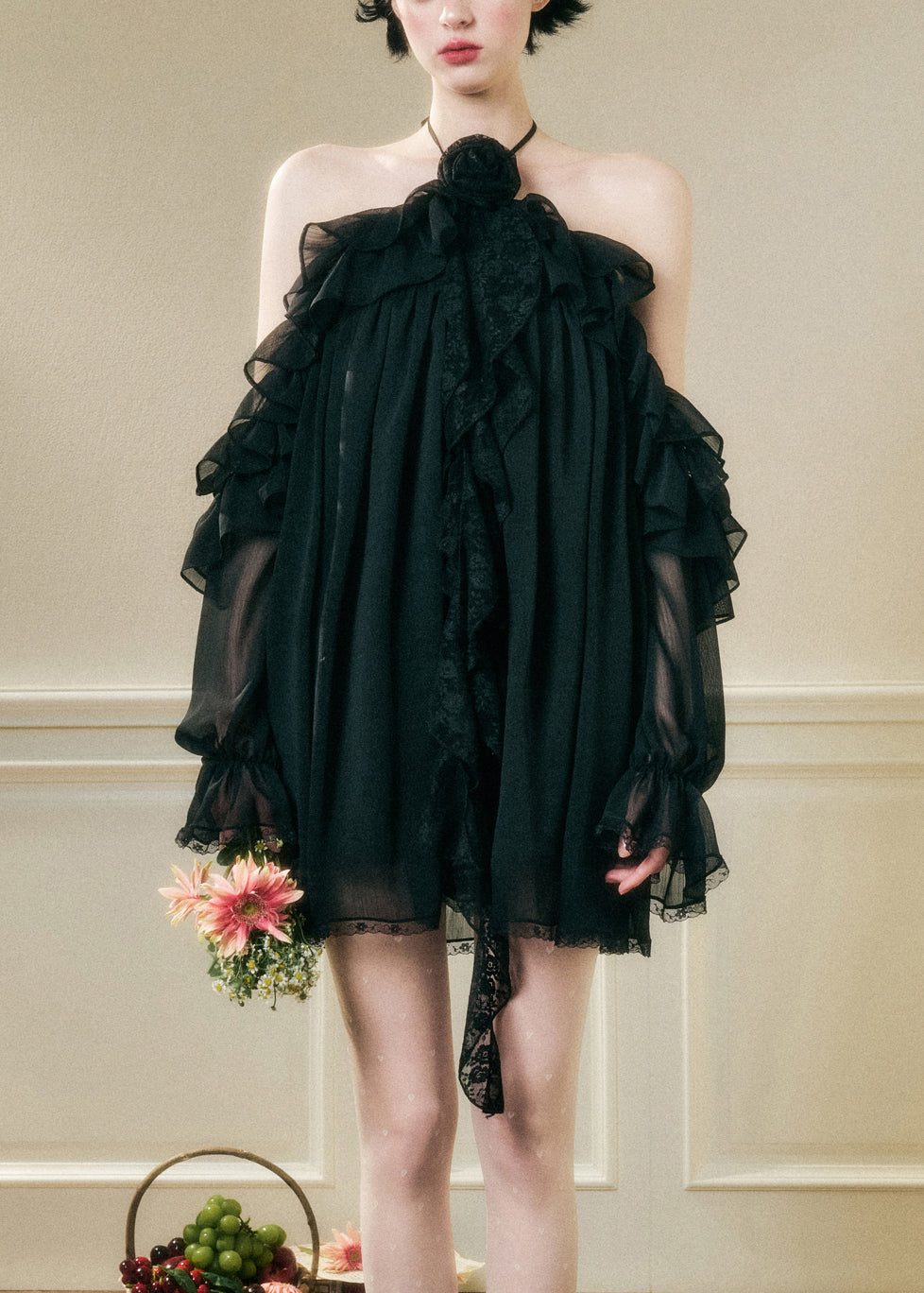 Floral Black Ruffled Chiffon Mini Dresses Butterfly Sleeve