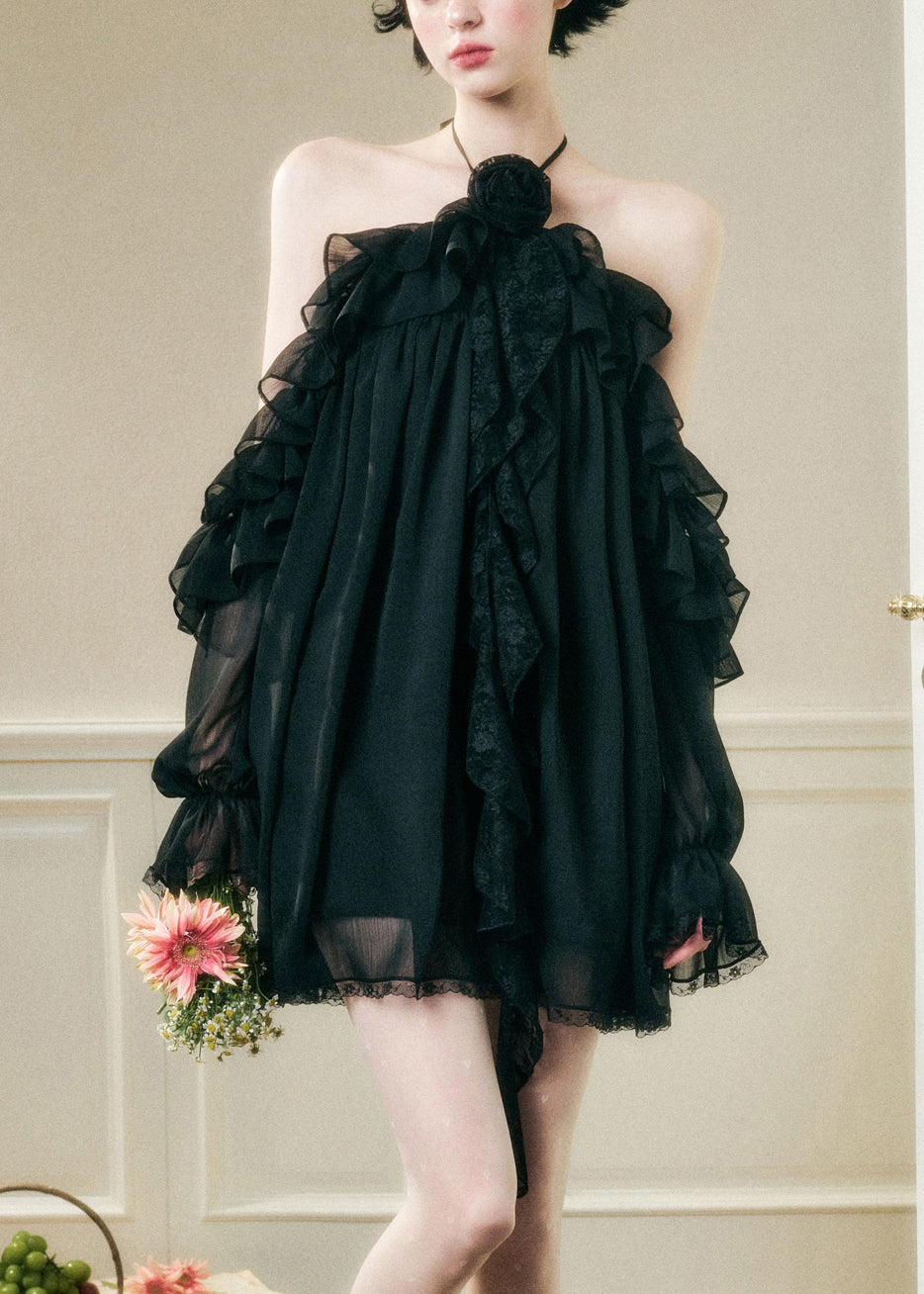 Floral Black Ruffled Chiffon Mini Dresses Butterfly Sleeve