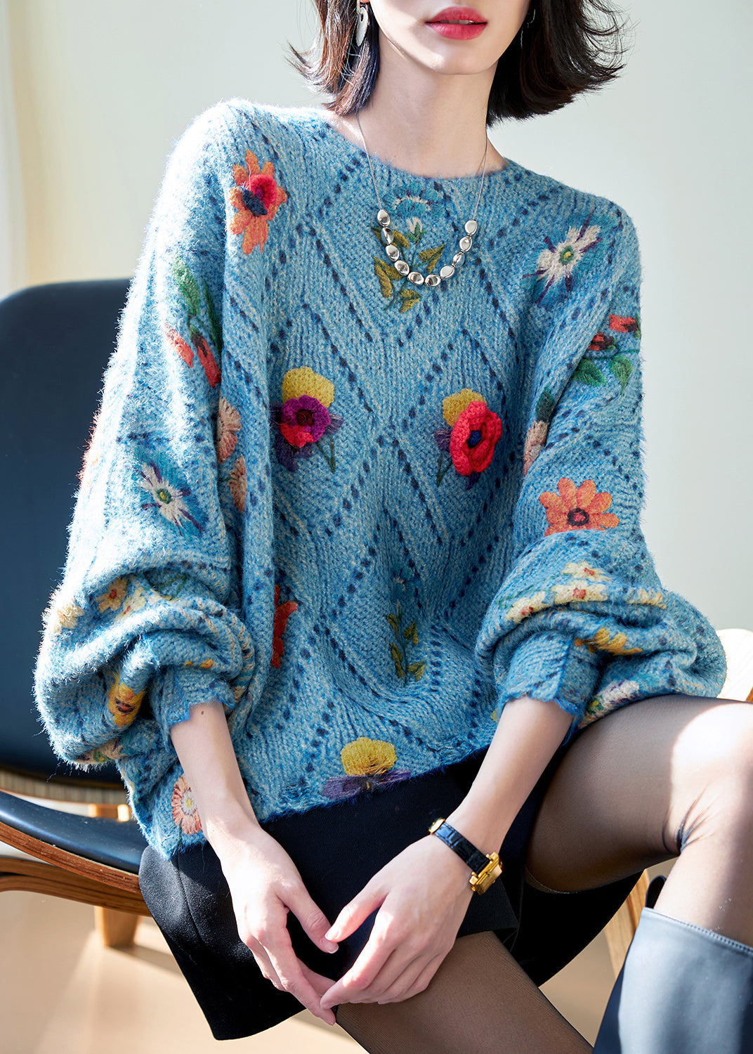 Floral Blue O-Neck Hollow Out Knit Sweaters Batwing Sleeve