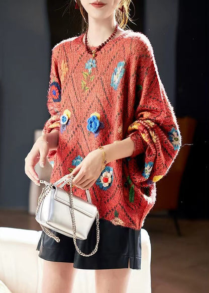 Floral Blue O-Neck Hollow Out Knit Sweaters Batwing Sleeve