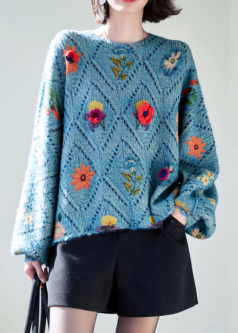Floral Blue O-Neck Hollow Out Knit Sweaters Batwing Sleeve