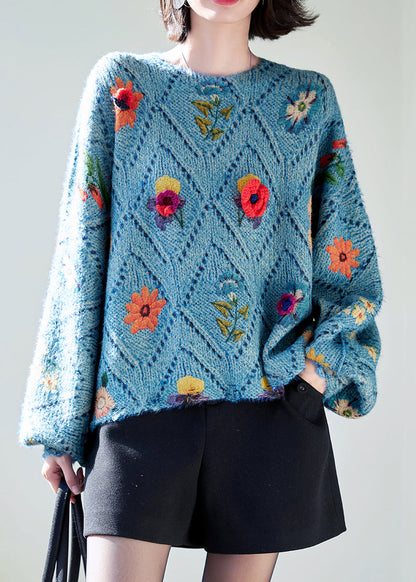 Floral Blue O-Neck Hollow Out Knit Sweaters Batwing Sleeve