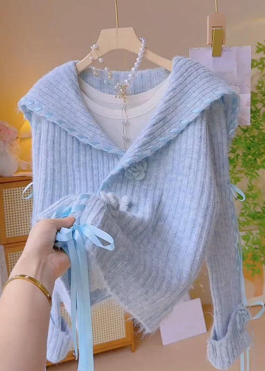 Floral Blue Peter Pan Collar Lace Up Knit Coats Spring