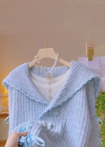 Floral Blue Peter Pan Collar Lace Up Knit Coats Spring