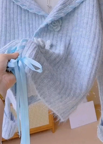 Floral Blue Peter Pan Collar Lace Up Knit Coats Spring