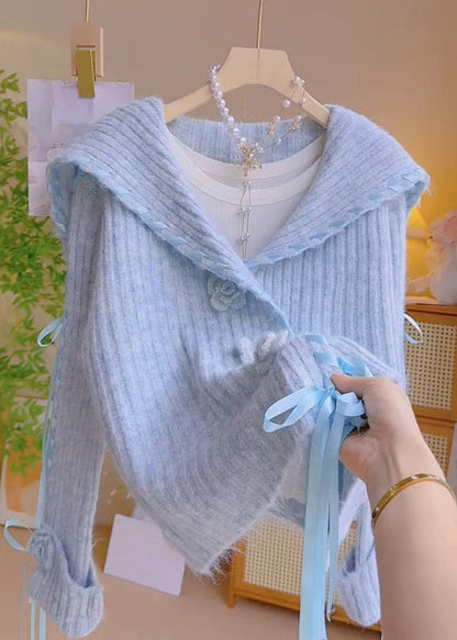 Floral Blue Peter Pan Collar Lace Up Knit Coats Spring