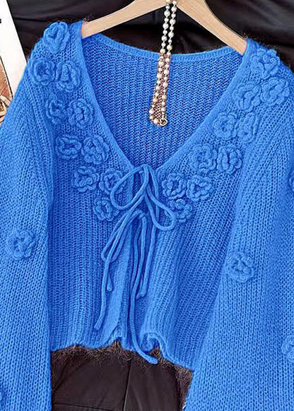 Floral Blue V Neck Lace Up Cozy Knit Cardigans Fall