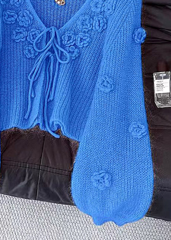 Floral Blue V Neck Lace Up Cozy Knit Cardigans Fall
