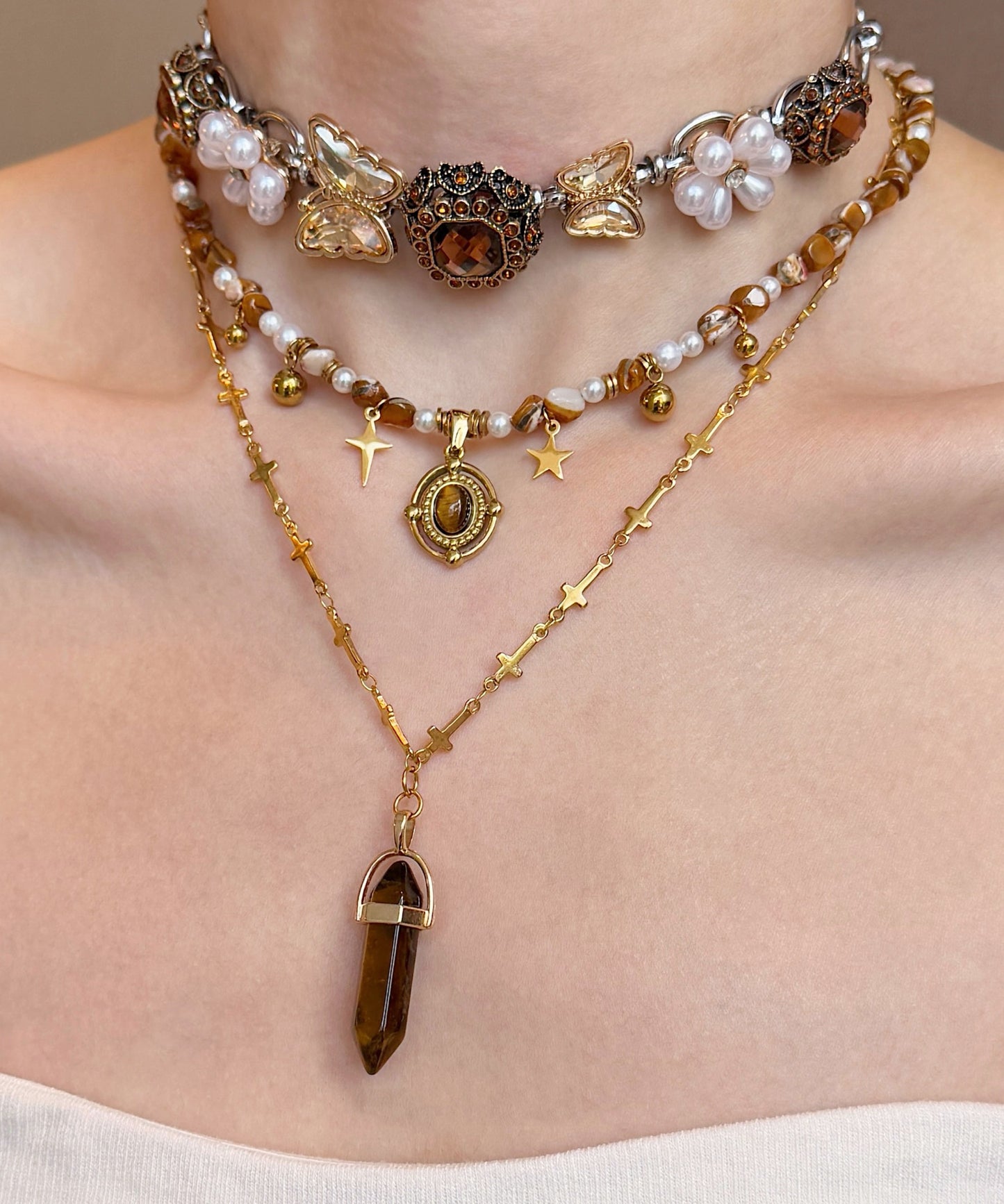 Floral Brown Tiger's Eye Pearl Butterfly Titanium Steel Three Piece Set Pendant Necklace