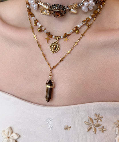 Floral Brown Tiger's Eye Pearl Butterfly Titanium Steel Three Piece Set Pendant Necklace