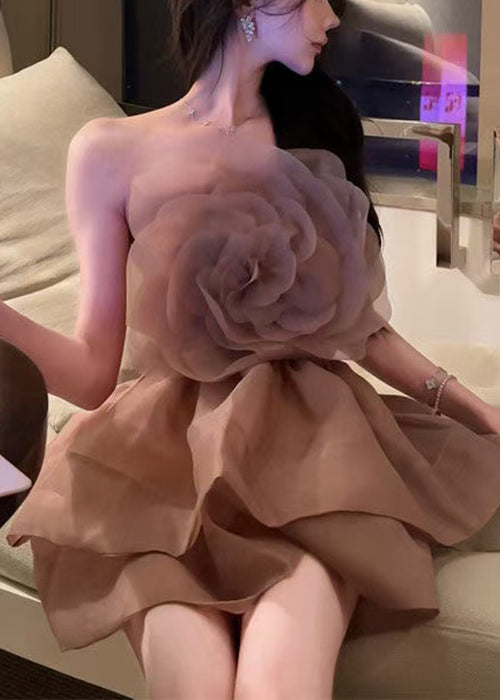 Floral Coffee Cold Shoulder Solid Mini Dresses Sleeveless