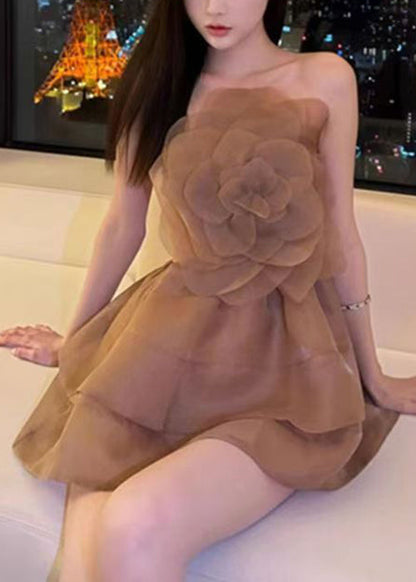 Floral Coffee Cold Shoulder Solid Mini Dresses Sleeveless