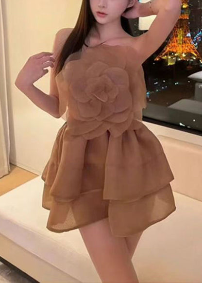 Floral Coffee Cold Shoulder Solid Mini Dresses Sleeveless