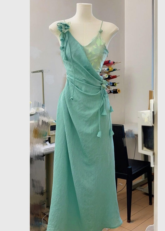 Floral Green Asymmetrical Lace Up Cotton Long Dress Sleeveless