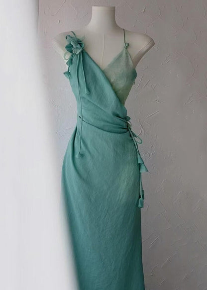 Floral Green Asymmetrical Lace Up Cotton Long Dress Sleeveless