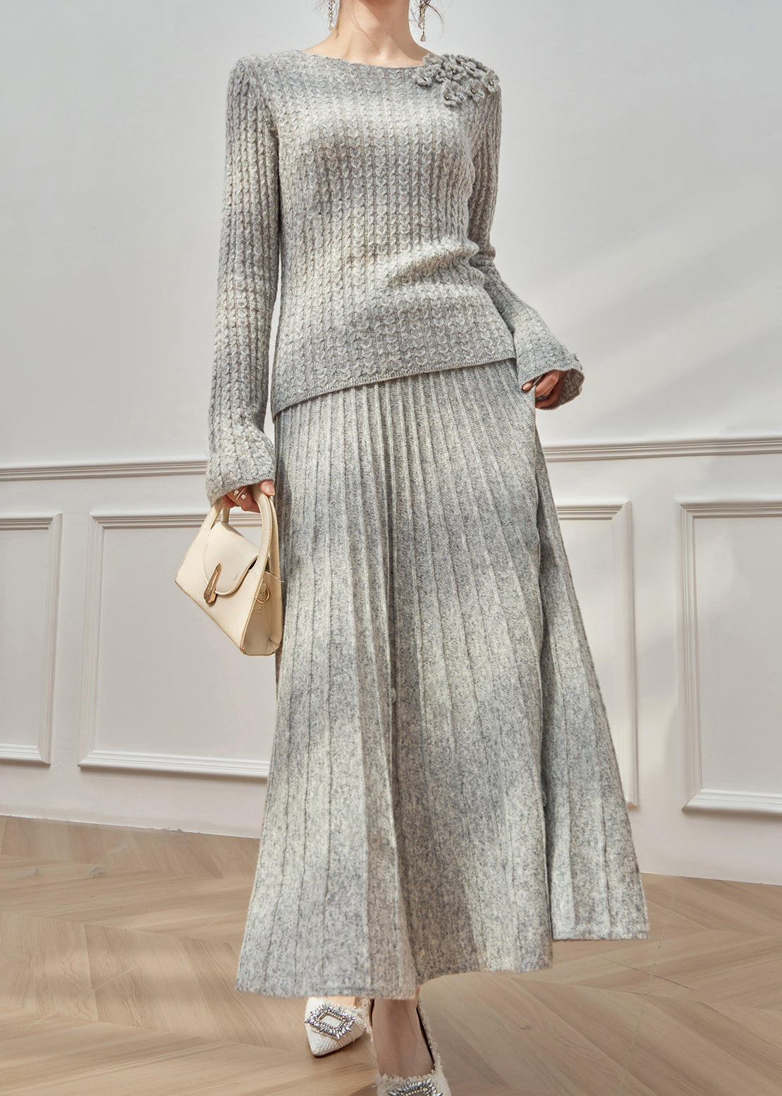 Floral Grey O Neck Sweaters And Maxi Skirts Cable Knit Two Pieces Set Flare Sleeve