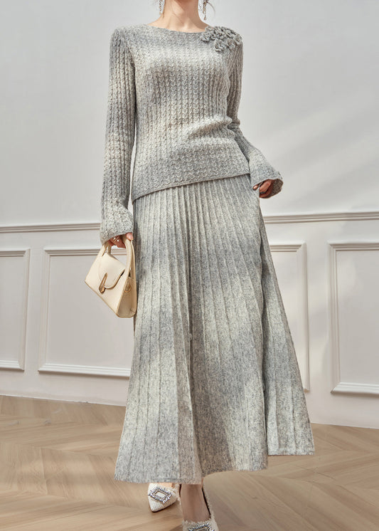 Floral Grey O Neck Sweaters And Maxi Skirts Cable Knit Two Pieces Set Flare Sleeve