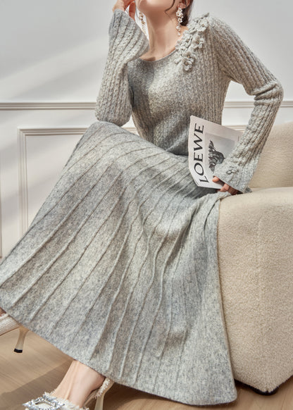 Floral Grey O Neck Sweaters And Maxi Skirts Cable Knit Two Pieces Set Flare Sleeve