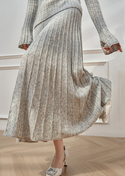 Floral Grey O Neck Sweaters And Maxi Skirts Cable Knit Two Pieces Set Flare Sleeve