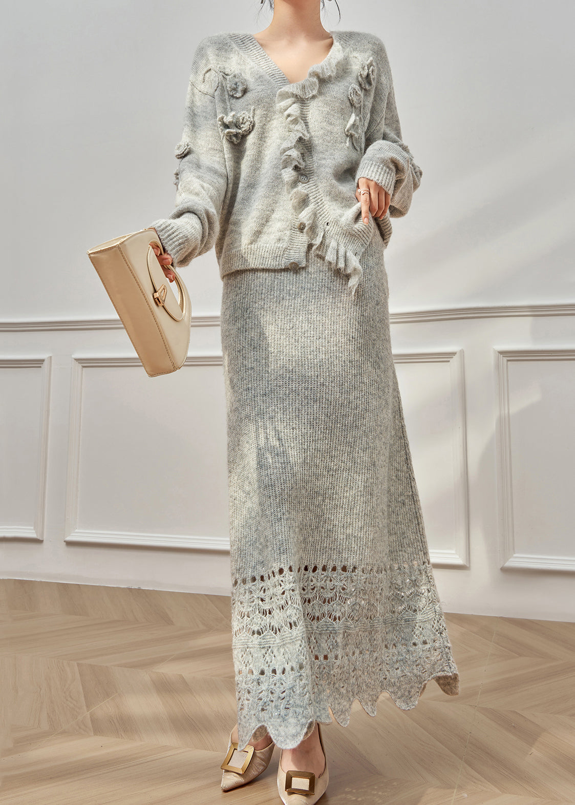 Floral Grey Ruffled Hollow Out Knit Two Piece Set Winter