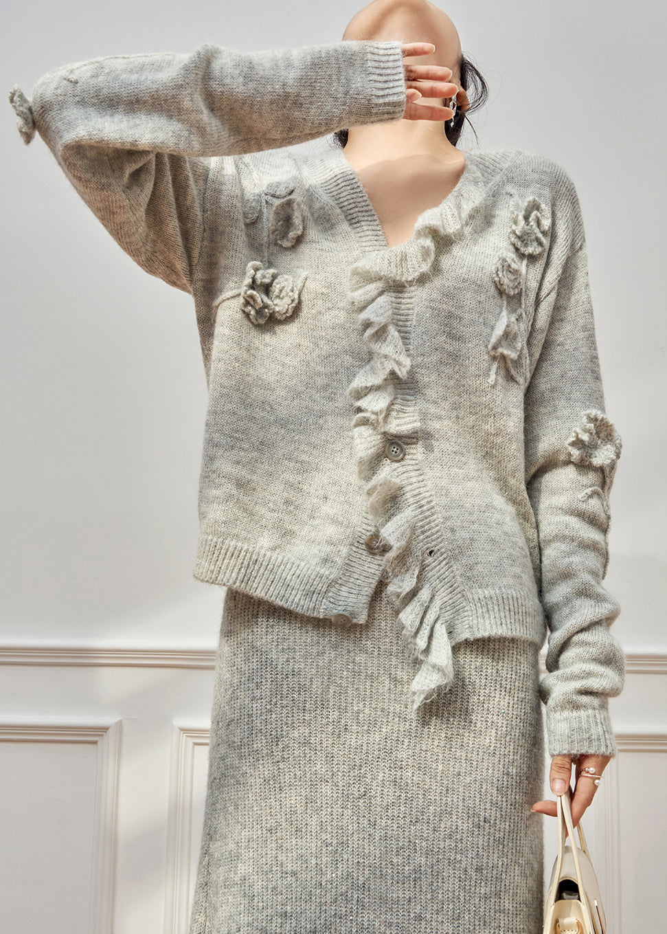 Floral Grey Ruffled Hollow Out Knit Two Piece Set Winter