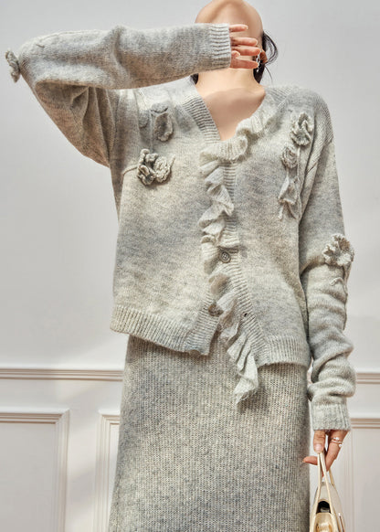 Floral Grey Ruffled Hollow Out Knit Two Piece Set Winter