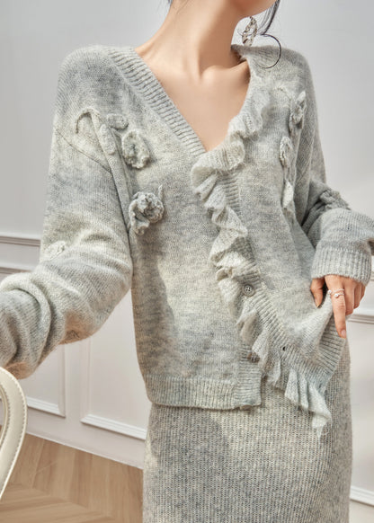 Floral Grey Ruffled Hollow Out Knit Two Piece Set Winter
