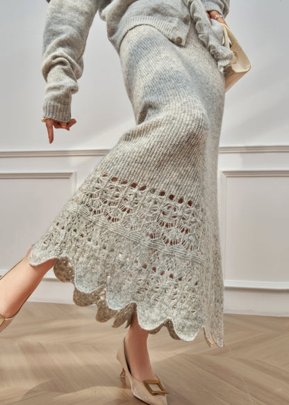 Floral Grey Ruffled Hollow Out Knit Two Piece Set Winter