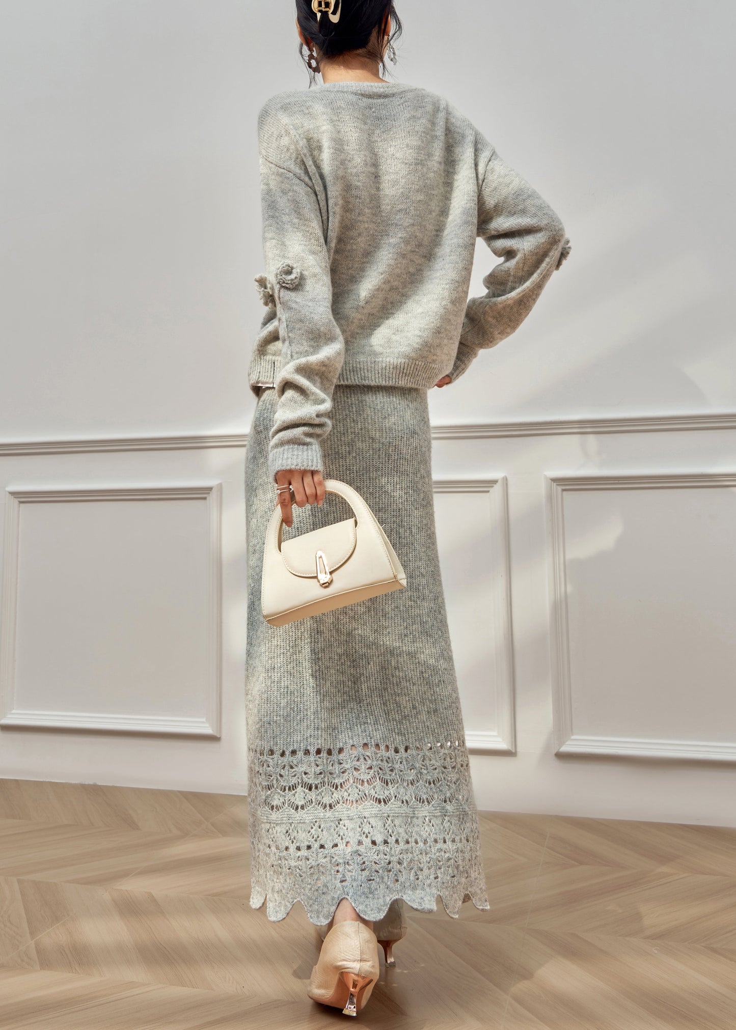 Floral Grey Ruffled Hollow Out Knit Two Piece Set Winter