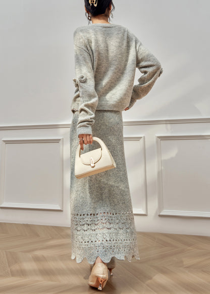 Floral Grey Ruffled Hollow Out Knit Two Piece Set Winter