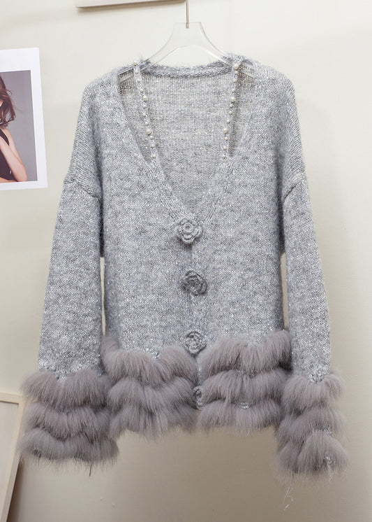 Floral Grey V Neck Fox Fur Pearl Patchwork Knit Sweaters Winter