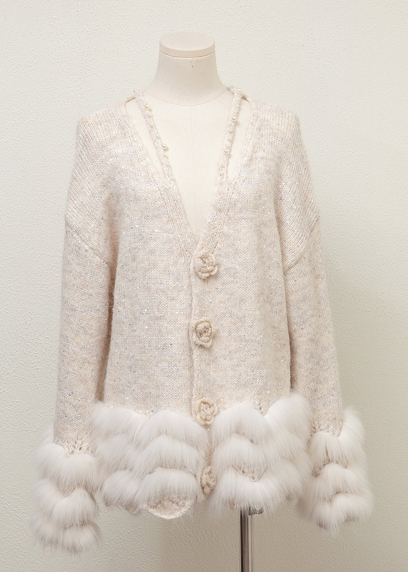 Floral Grey V Neck Fox Fur Pearl Patchwork Knit Sweaters Winter