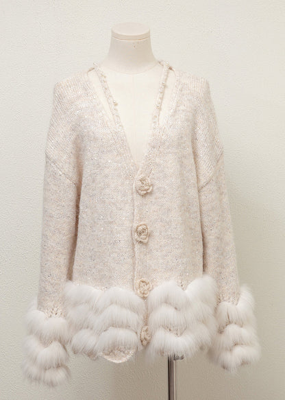 Floral Grey V Neck Fox Fur Pearl Patchwork Knit Sweaters Winter