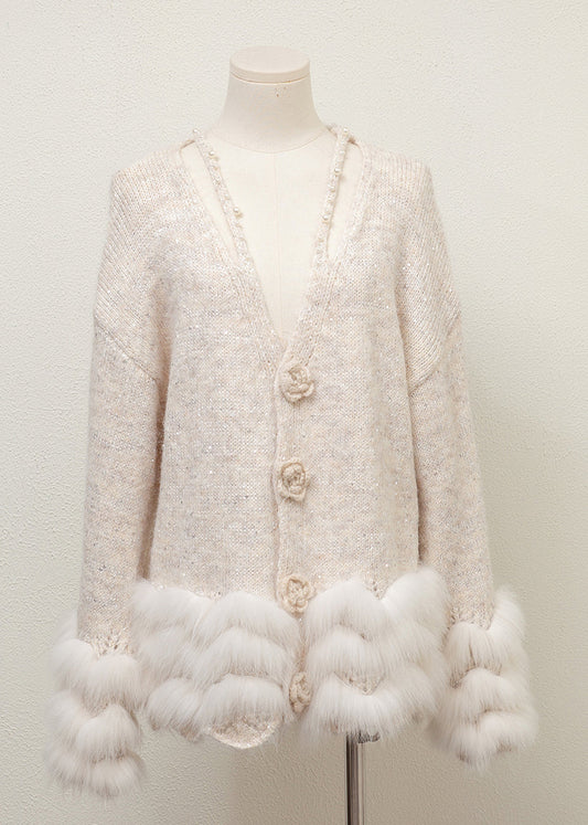 Floral Grey V Neck Fox Fur Pearl Patchwork Knit Sweaters Winter