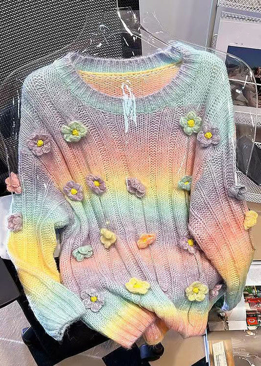 Floral Orange Gradient Color Hollow Out Knit Sweaters Spring