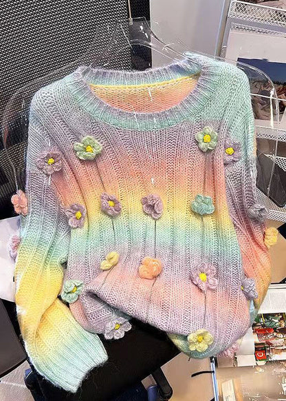 Floral Orange Gradient Color Hollow Out Knit Sweaters Spring