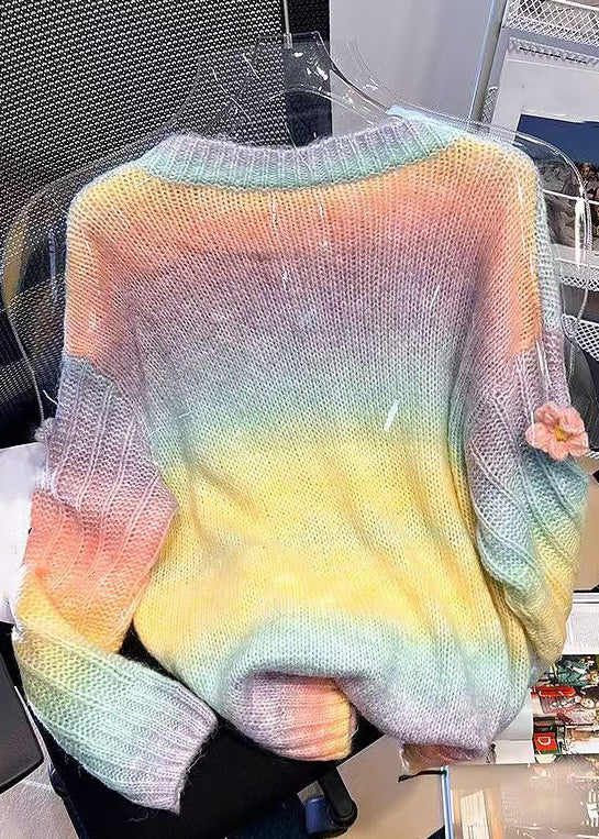 Floral Orange Gradient Color Hollow Out Knit Sweaters Spring