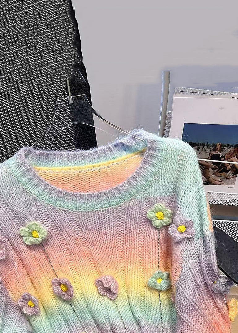 Floral Orange Gradient Color Hollow Out Knit Sweaters Spring