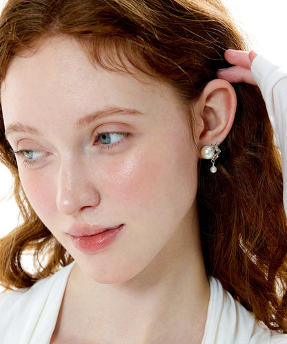 Floral Pearl Original Design Silver Stud Earrings