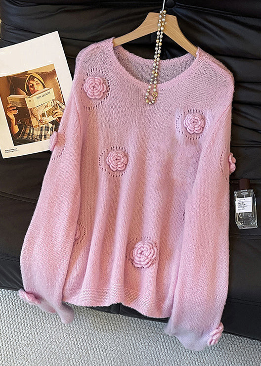 Floral Pink O Neck Hollow Out Cozy Knit Sweater Fall