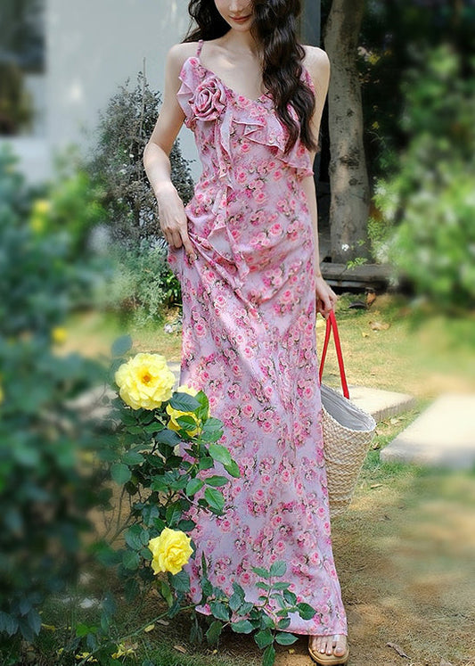 Floral Pink V Neck Print Spaghetti Strap Dress Sleeveless