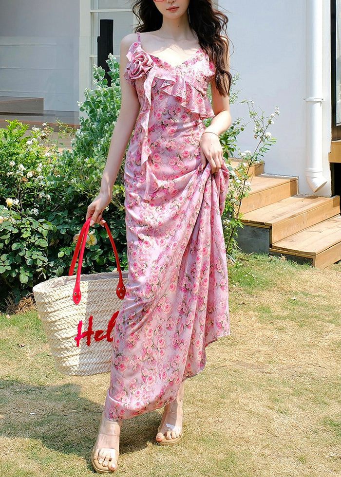 Floral Pink V Neck Print Spaghetti Strap Dress Sleeveless