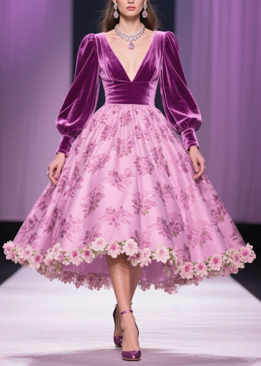 Floral Print Patchwork Silk Velvet Exra Large Hem V Neck Spring