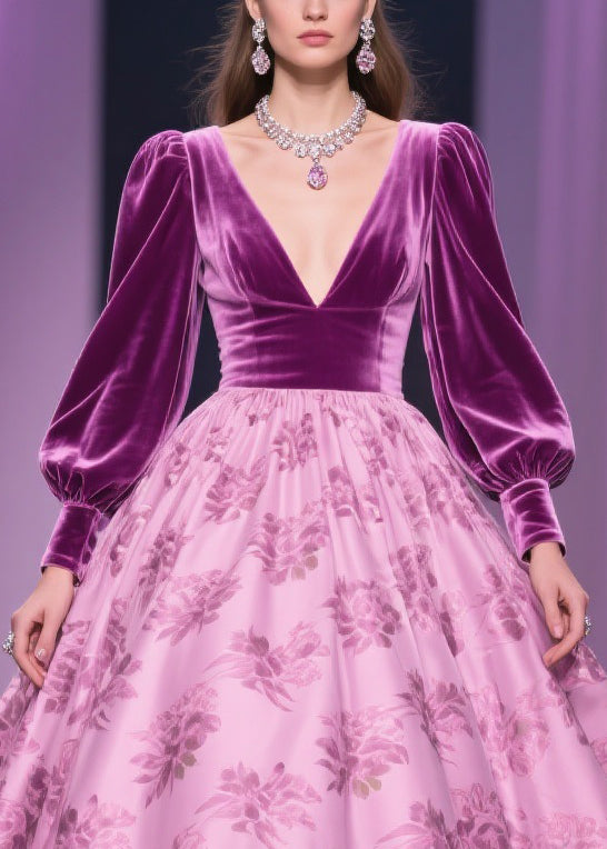 Floral Print Patchwork Silk Velvet Exra Large Hem V Neck Spring